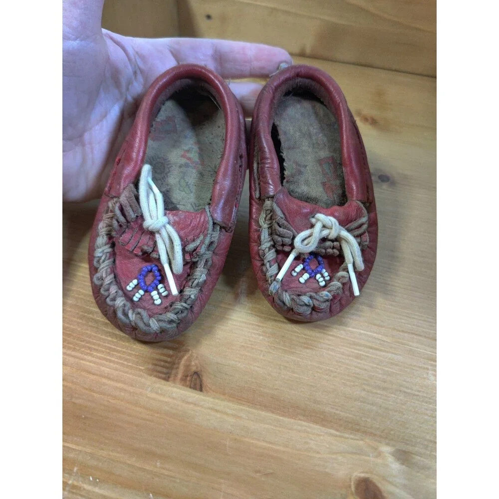 Vintage NATIVE AMERICAN Red CHILD'S Beaded MOCCASINS For Display Only READ